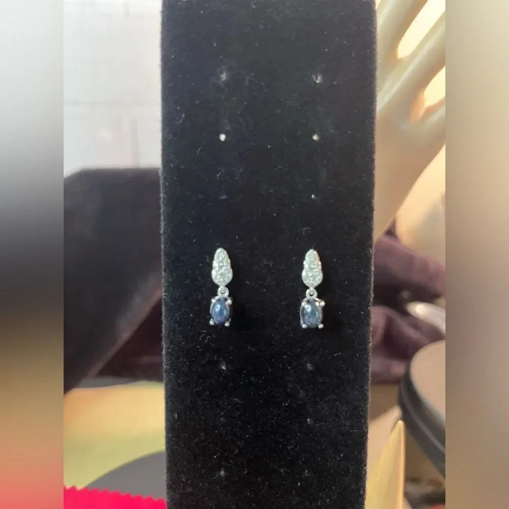 Blue Star Sapphire & Natural White Zircon Dangle Earrings Platinum / Sterling